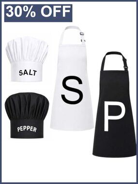 4Pc Couple Salt Pepper Costume Set Adult Apron Chef Hat Halloween